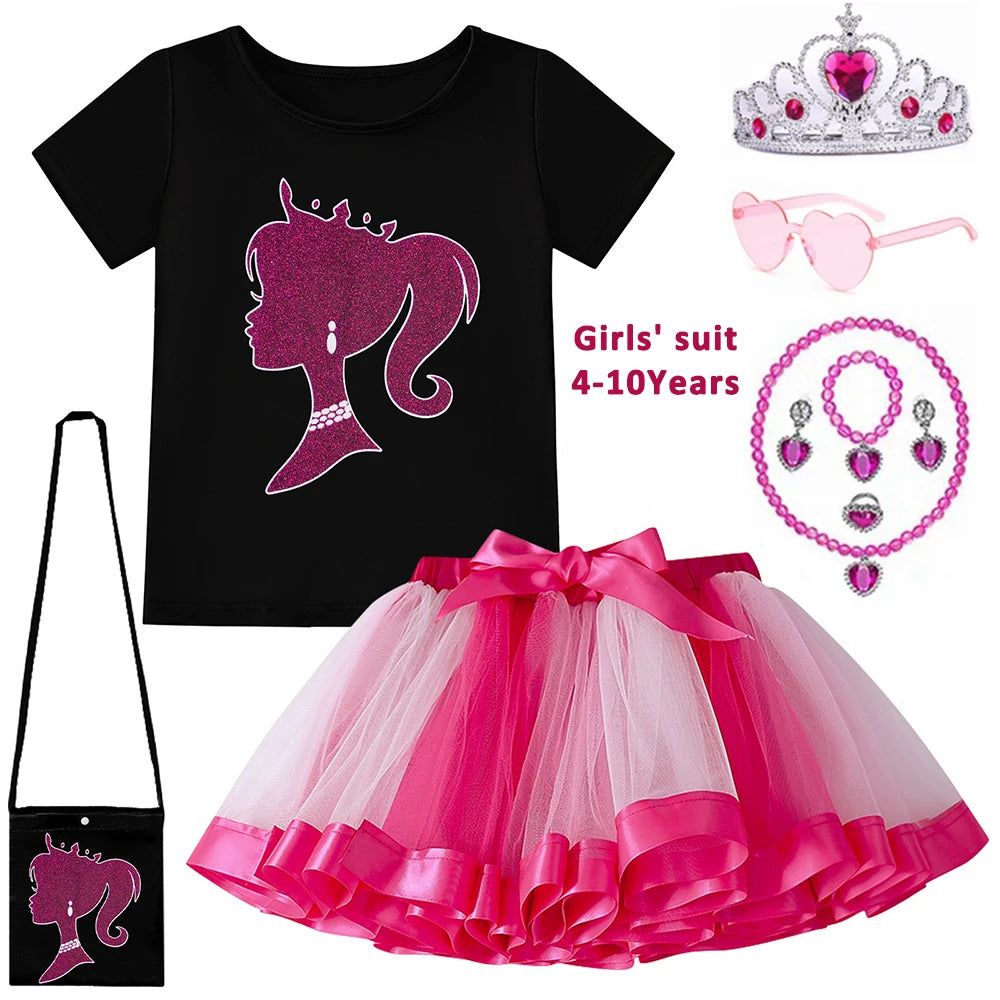 Toddler Girls Movie Barbie T-shirt + Tutu Skirt 2Piece Suit for 4-10Yrs Girls Kid Clothing Birthday Party
