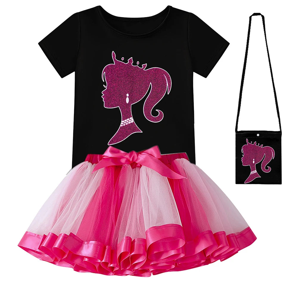 Toddler Girls Movie Barbie T-shirt + Tutu Skirt 2Piece Suit for 4-10Yrs Girls Kid Clothing Birthday Party