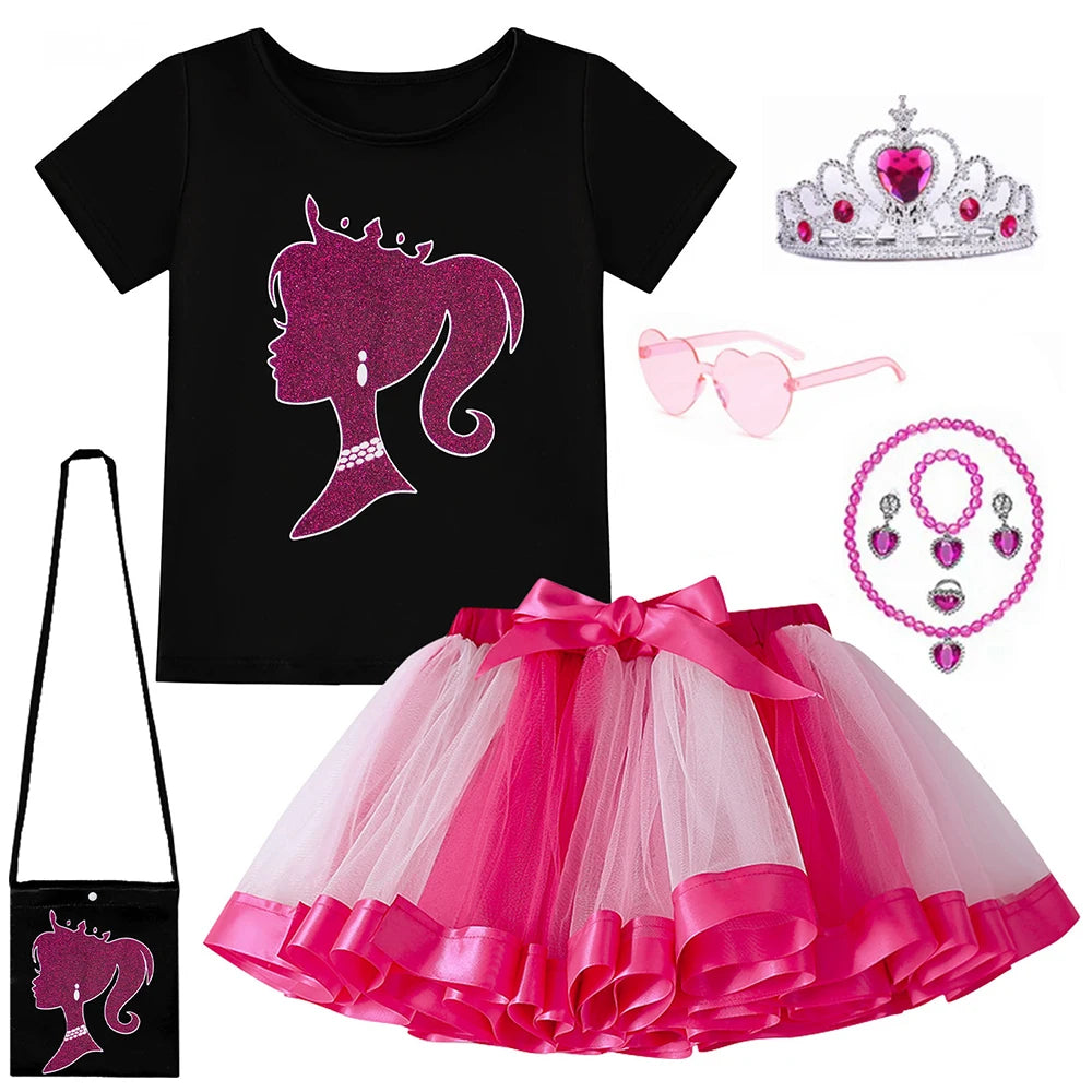 Toddler Girls Movie Barbie T-shirt + Tutu Skirt 2Piece Suit for 4-10Yrs Girls Kid Clothing Birthday Party