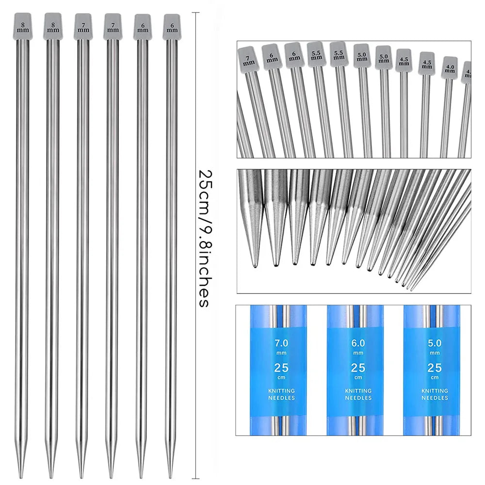 22Pcs Stainless Steel Knitting Needles 2 mm-8 mm