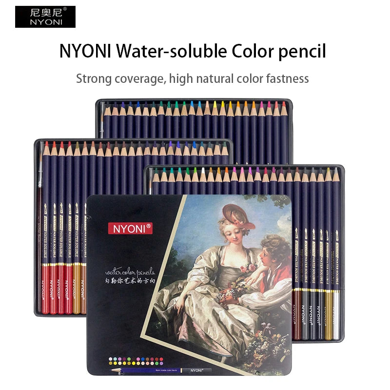 NYONI Watercolor Pencil 12/24/36/48/72/100 Water Soluble Vibrant Colored Pencils Tin Box